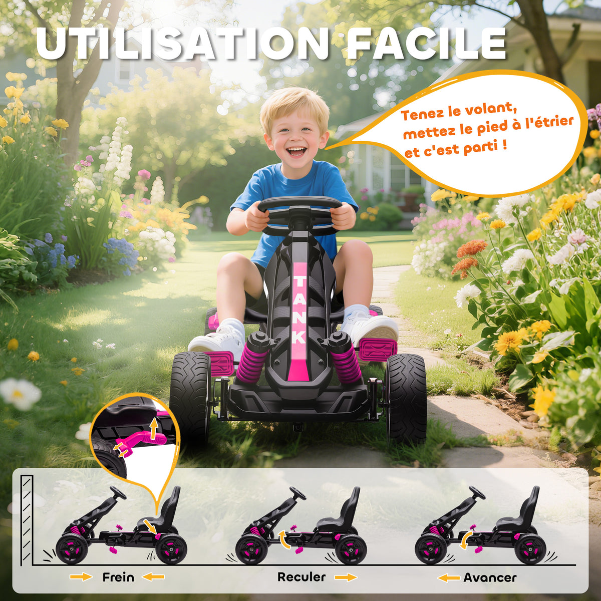 Kart à pédales pour enfants, karting enfant 3 à 6 ans avec roue libre, frein, roues EVA antidérapantes, rose-4