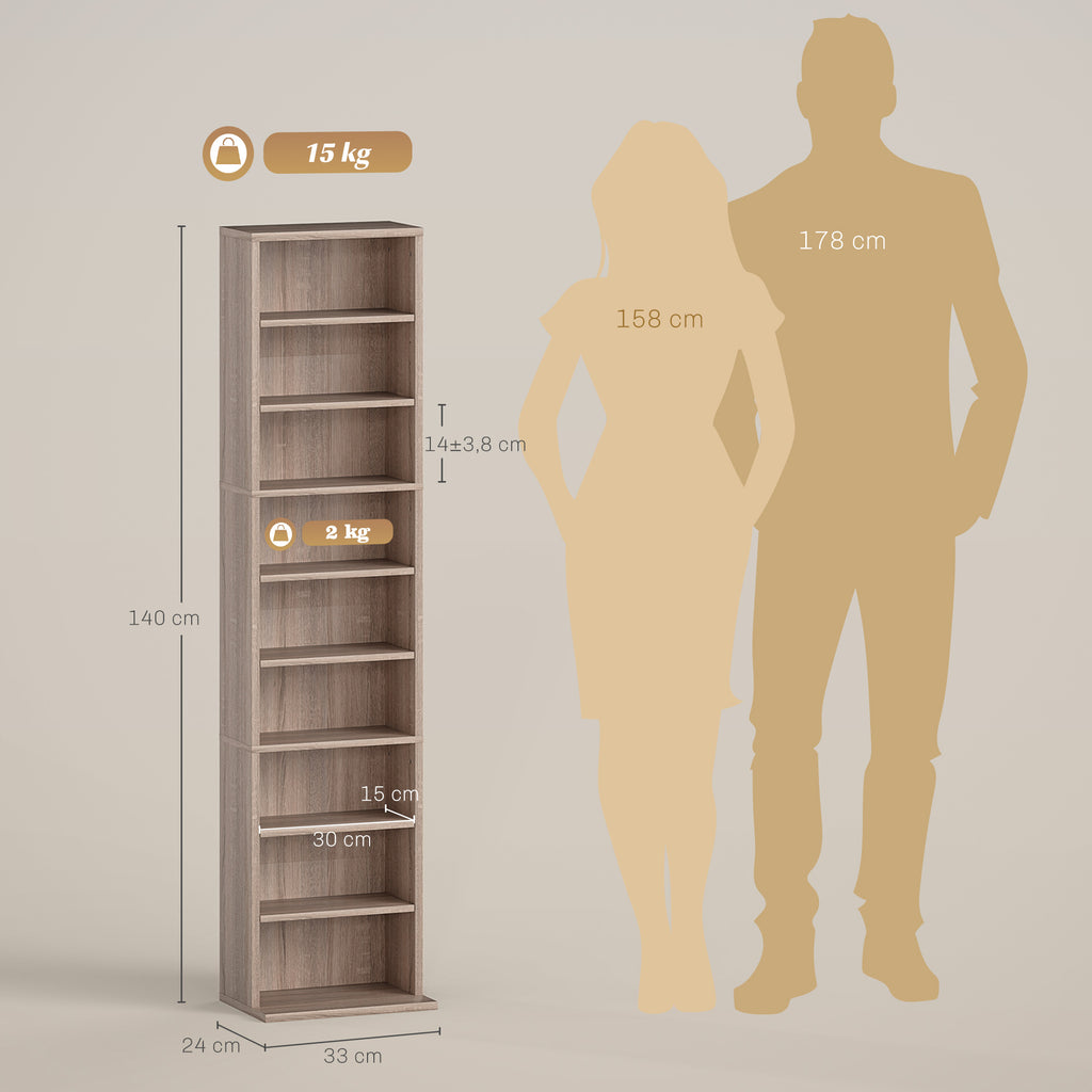 Rangements pour CD et DVD 9 compartiments et 6 étagères réglables capacité max. 260 CD/120 DVD 33 x 24 x 140 cm bois naturel-2