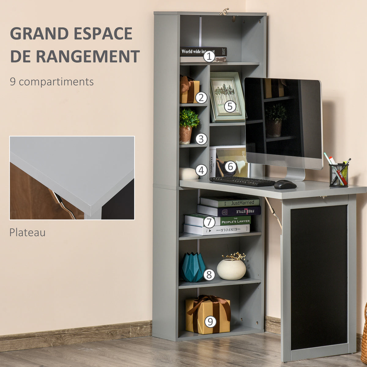 Bureau avec rangement pliable murale rabattable avec bibliothèque poste de travail tableau à craie et étagère réglable-4
