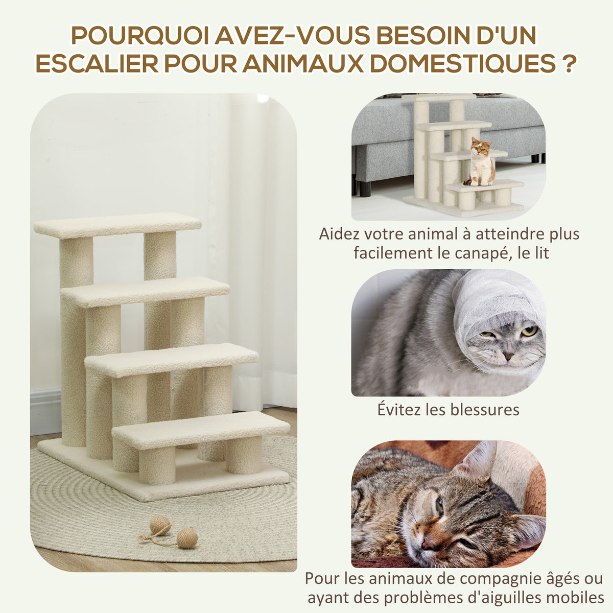 Escalier pour animaux de compagnie avec 4 marches revêtement effet laine bouclée 61 x 41 x 60 cm crème-4