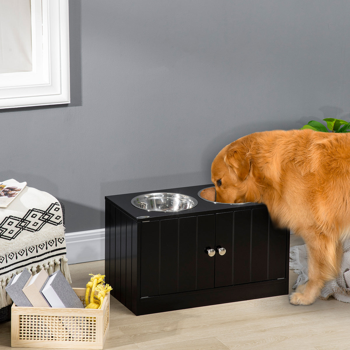 Gamelles chiens surélevées gamelle double chien chat porte-gamelles 60 x 30 x 35,5 cm 2 gamelles 2L acier inox incluses-1