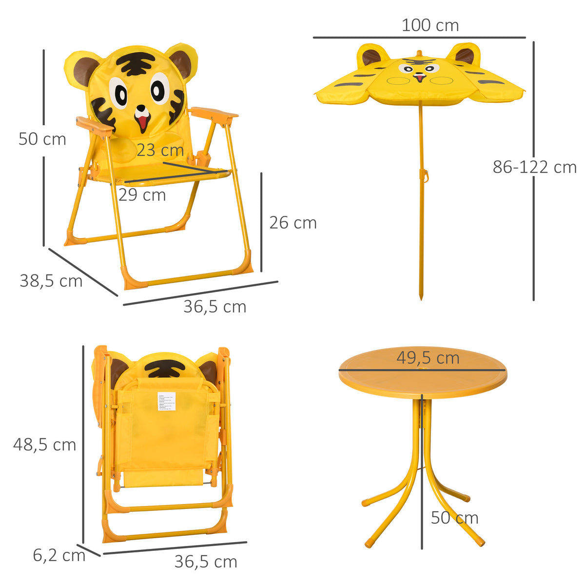 Ensemble Salon de Jardin Enfant 4 pcs Design Tigre - Table Ronde + 2 chaises Pliables + Parasol - métal époxy Oxford Jaune-2