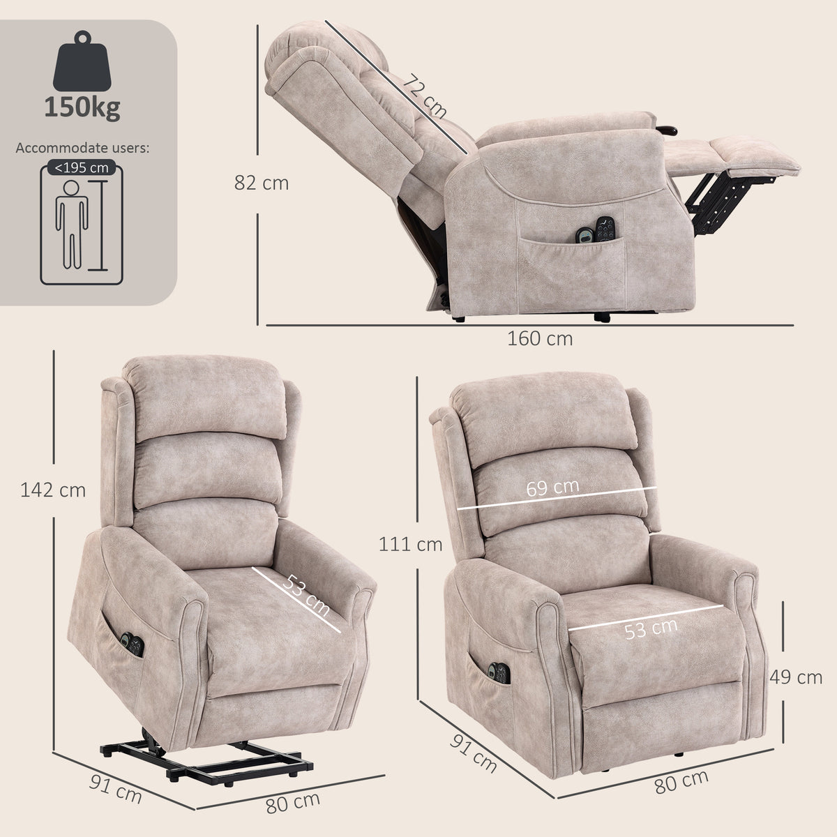 Fauteuil releveur électrique massage par vibrations et chaleur, fauteuil relax électrique en velours, 80x160x82cm, beige-2