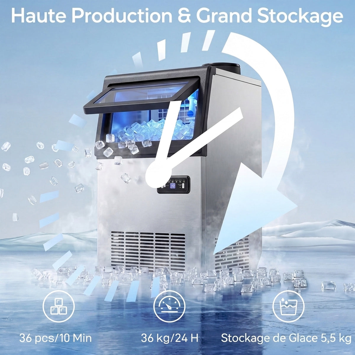 Machine à glaçons commerciale 36 kg/24h, acier inoxydable, ice maker, capacité 5,5 kg, 36 cubes par 10 minutes,-3