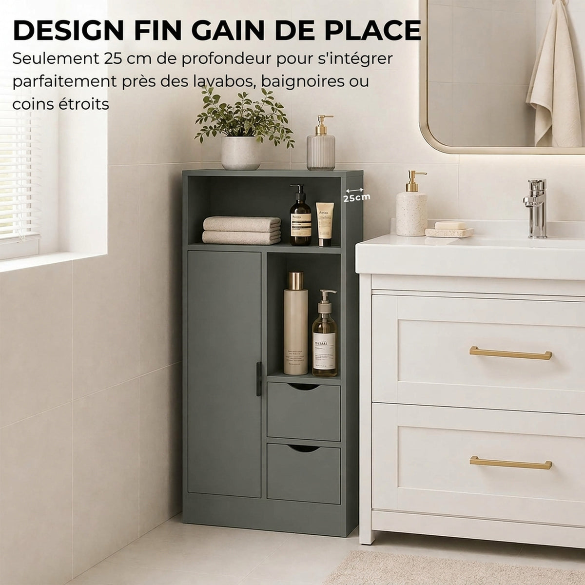 Meuble de salle de bain, meuble de rangement étroit avec 2 tiroirs, compartiments ouverts, 50x25x100cm, vert clair-4