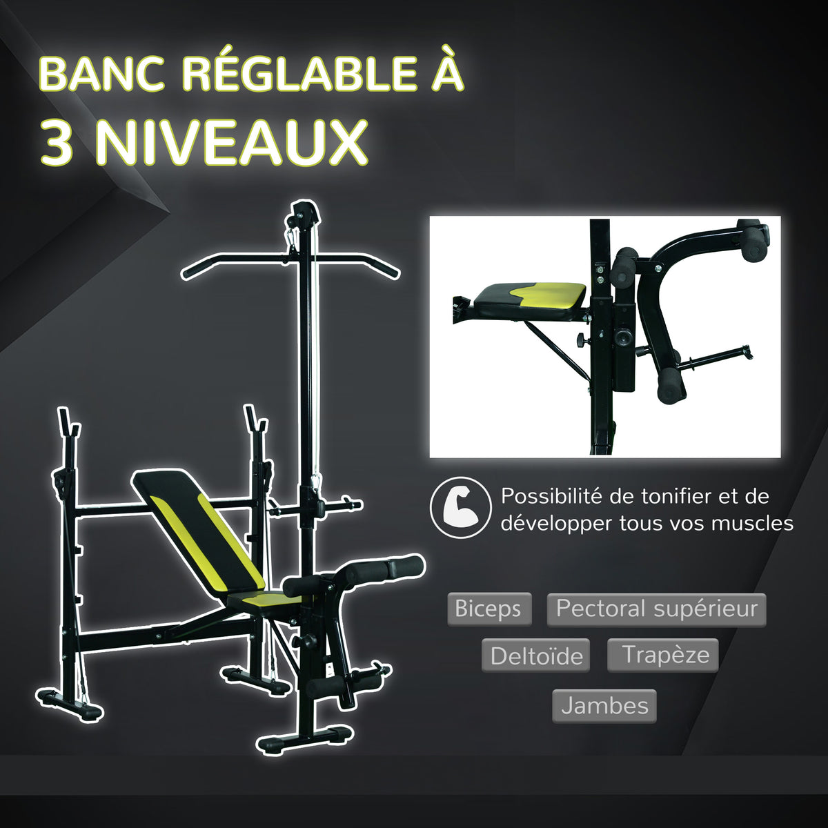 Banc de musculation Fitness entrainement complet dossier réglable cordes traction curler supports barre et haltères noir et jaune-4