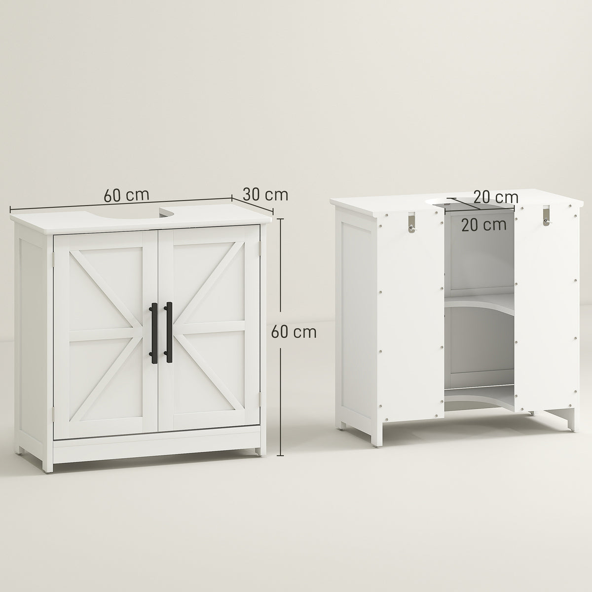Meuble sous lavabo, meuble de salle de bain avec 2 portes magnétiques style grange et étagères, 60 x 30 x 60 cm, blanc-2