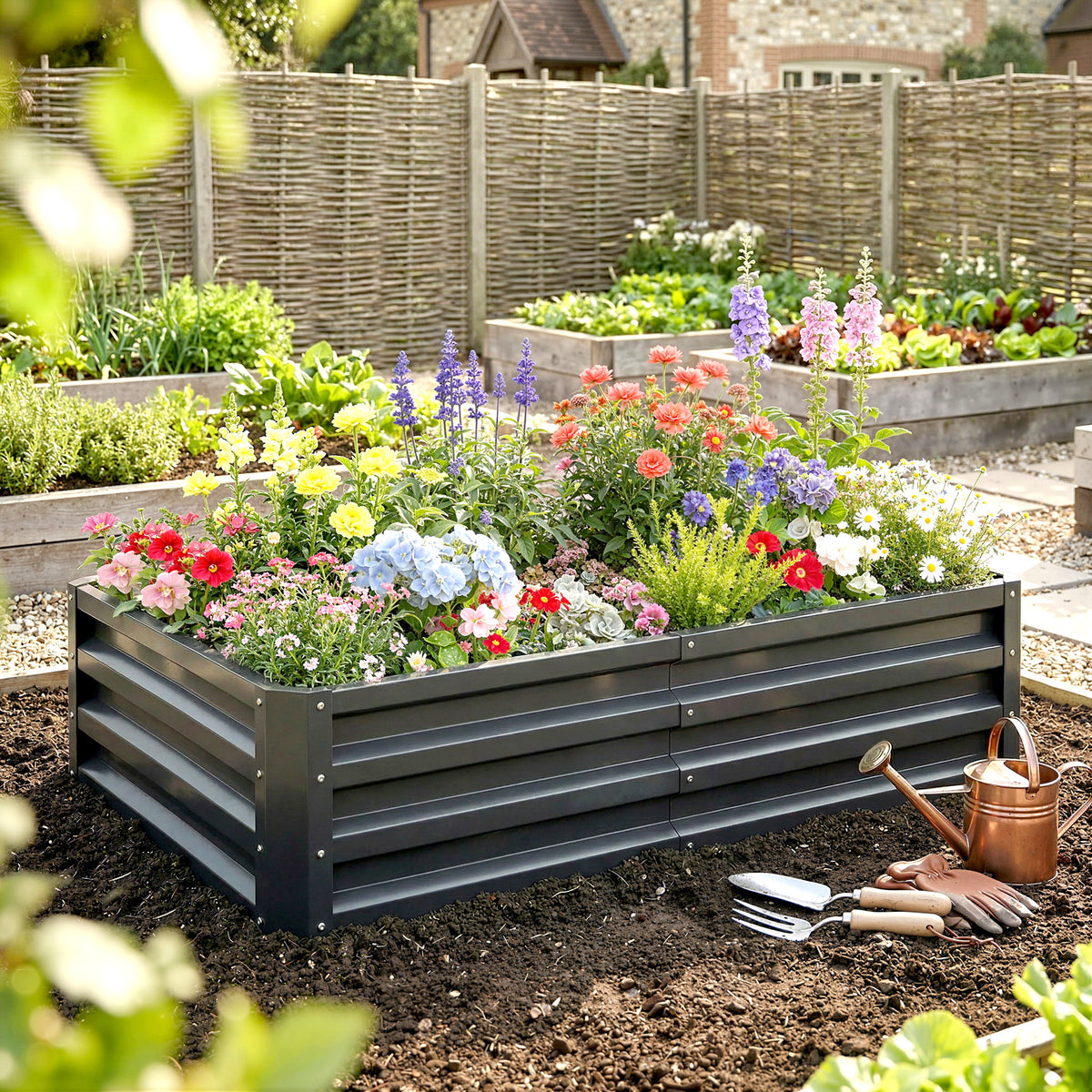 Carré potager de jardin rectangulaire tôle d'acier ondulée 120 x 60 x 30,5 cm gris-1