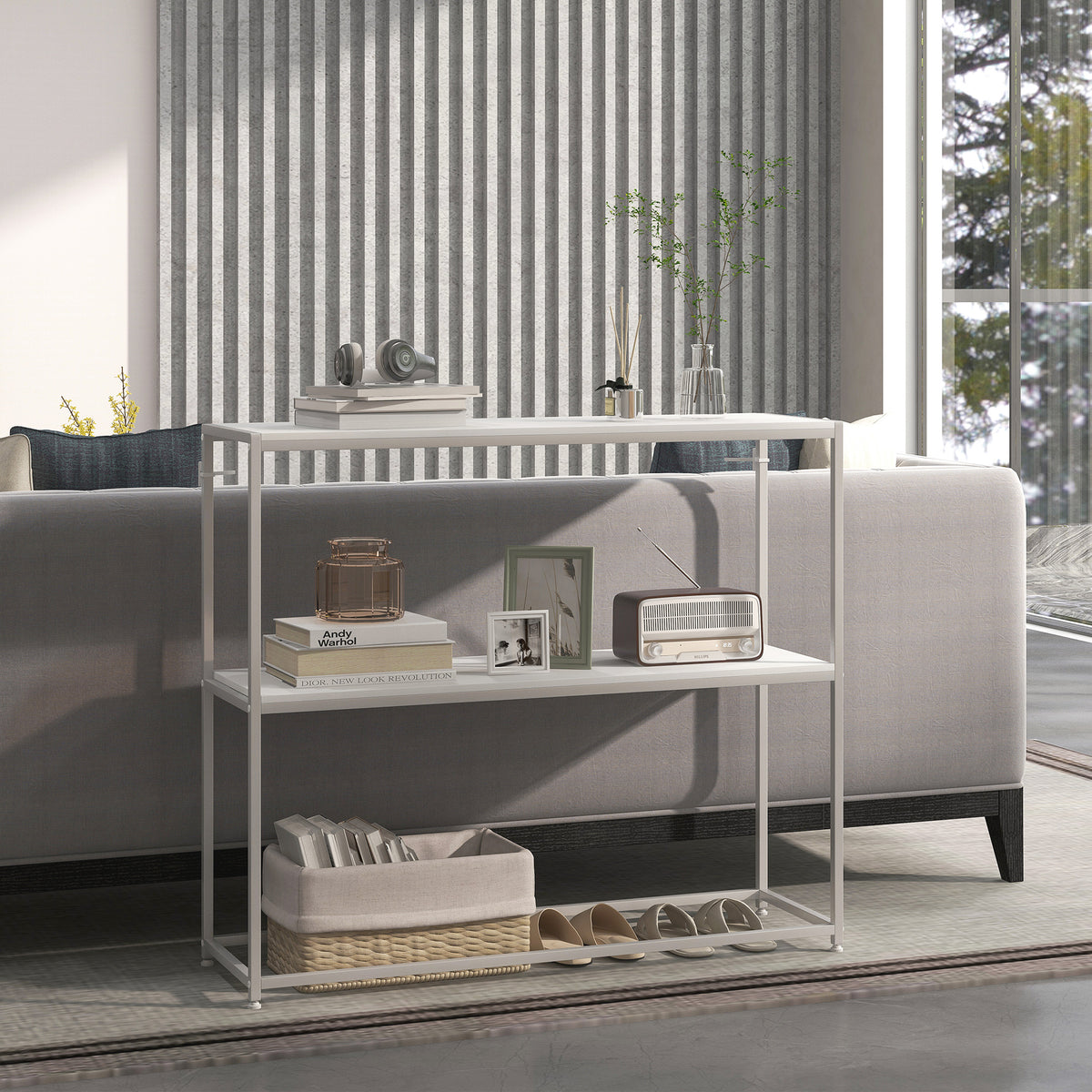 Table console en acier 2 étagères design moderne pour salon entrée couloir 100 x 30 x 87 cm blanc-6