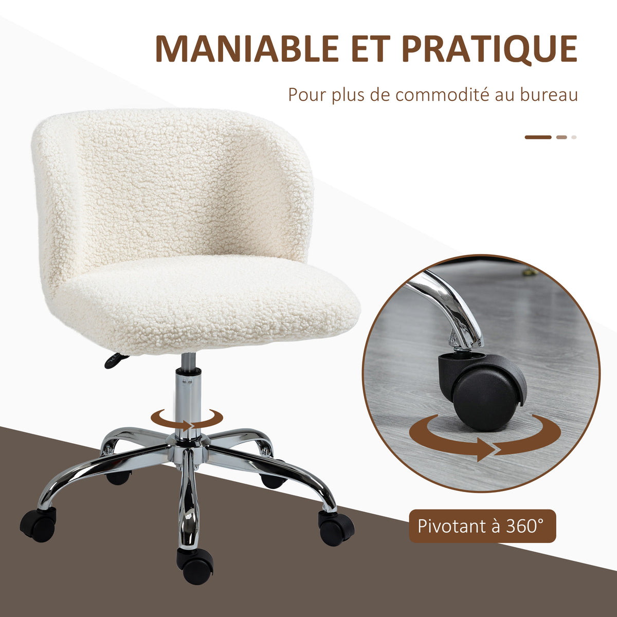 Chaise de bureau sans accoudoir en toison d'agneau hauteur réglable pivotant à 360 ° charge max. 120 Kg blanc-5