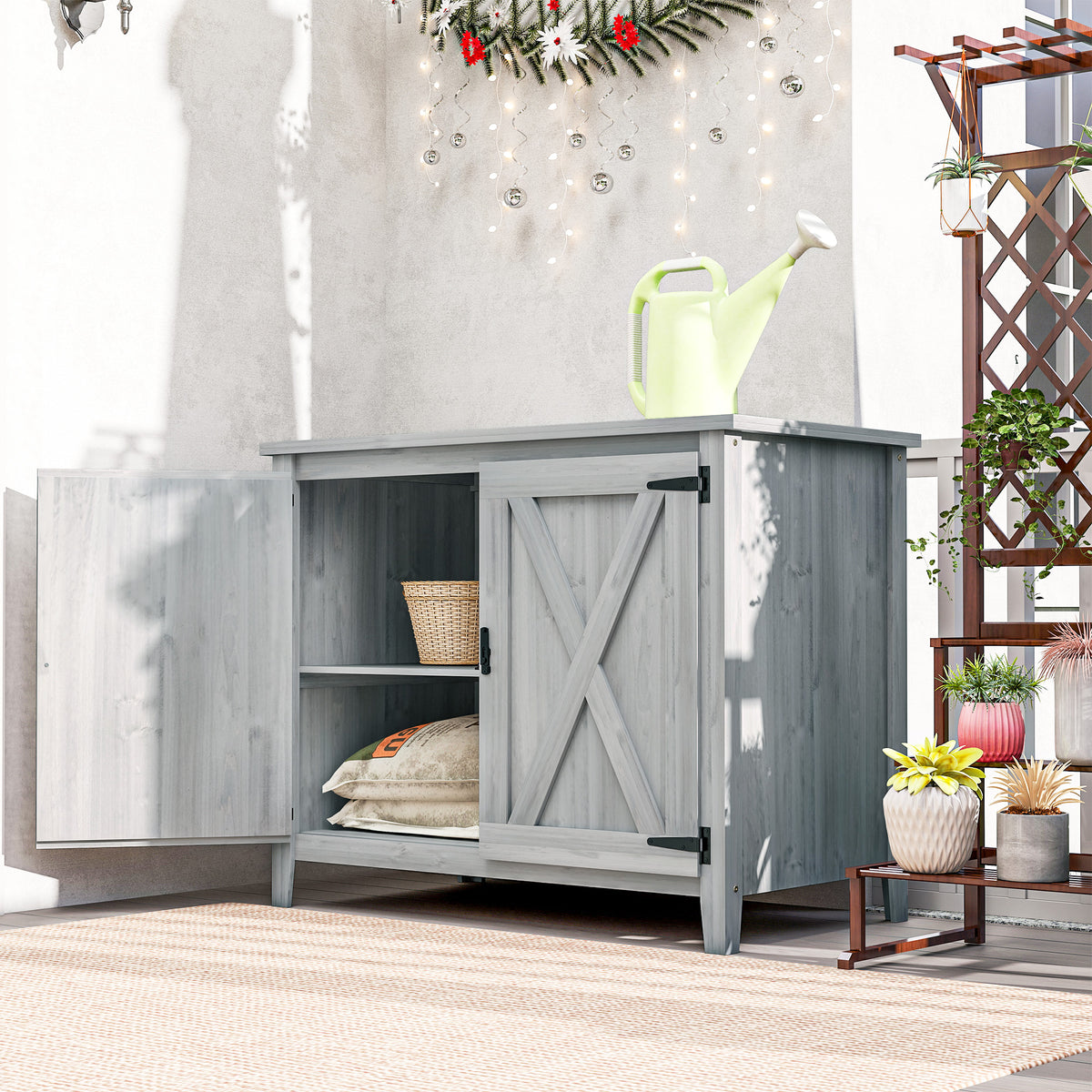 Armoire de jardin en bois, placard de jardin en bois avec étagères et double portes, 110 x 60 x 88,5 cm, gris clair-1