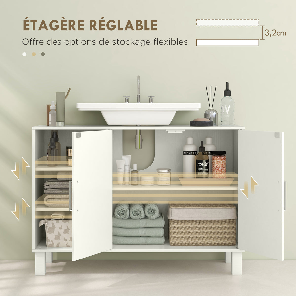 Meuble sous lavabo meuble de salle de bain avec placard à deux niveaux étagères réglables 90l x 30P x 63H cm crème-4
