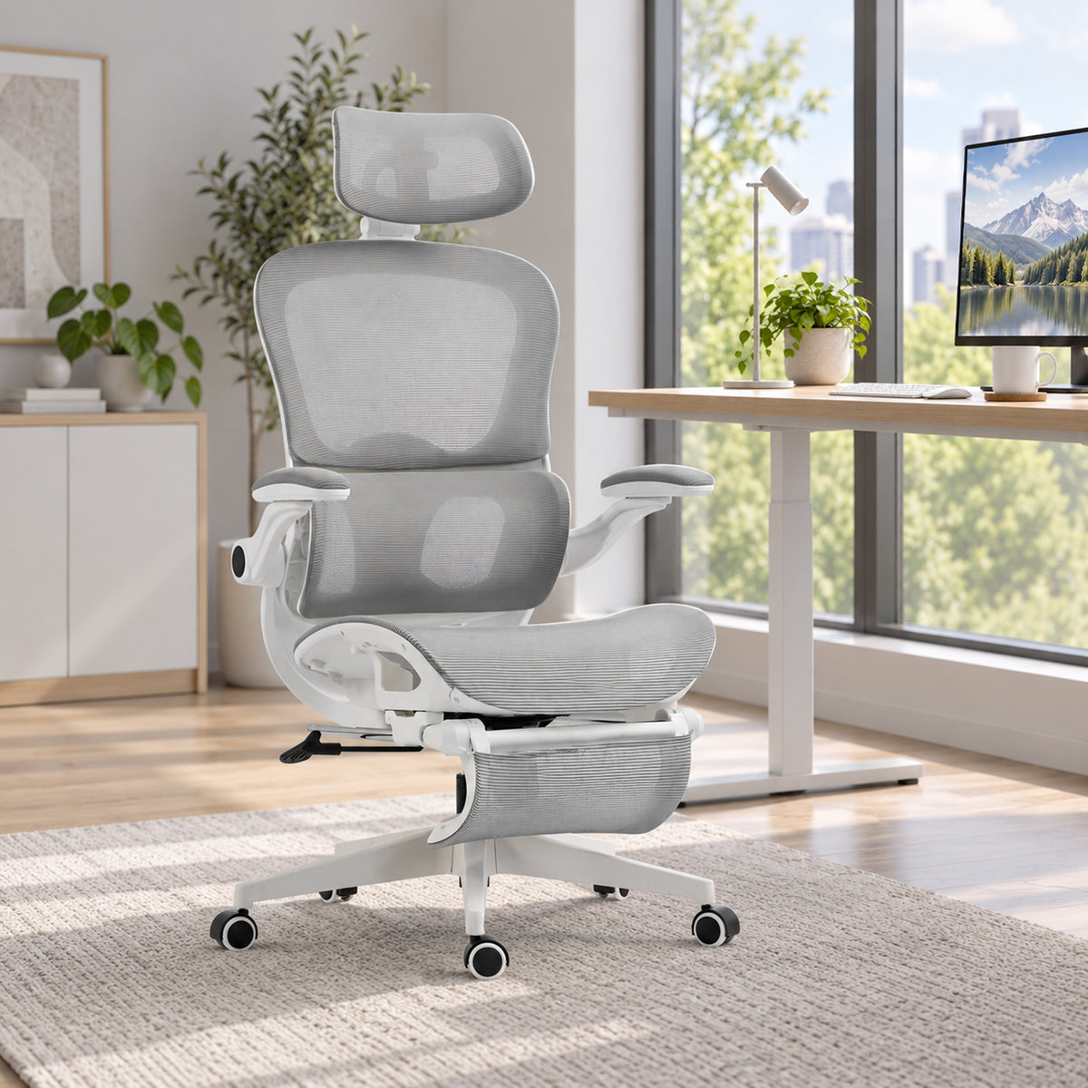 Chaise Bureau Ergonomique Inclinable en Maille, Support Lombaire, Appui-Tête, Accoudoirs Relevables, 62x66x126cm, Gris-1