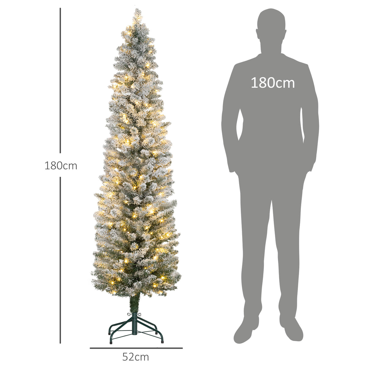 Sapin de Noël artificiel 180 cm avec éclairage LED blanc chaud, 329 branches enneigées, base en métal, réaliste et fin-2