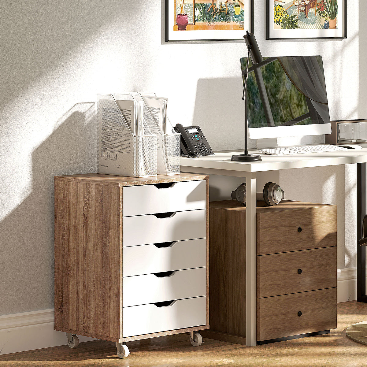 Caisson bureau mobile, meuble rangement bureau sur roulettes, 5 tiroirs, 47,5 x 39,5 x 67,5 cm, blanc et chêne-1