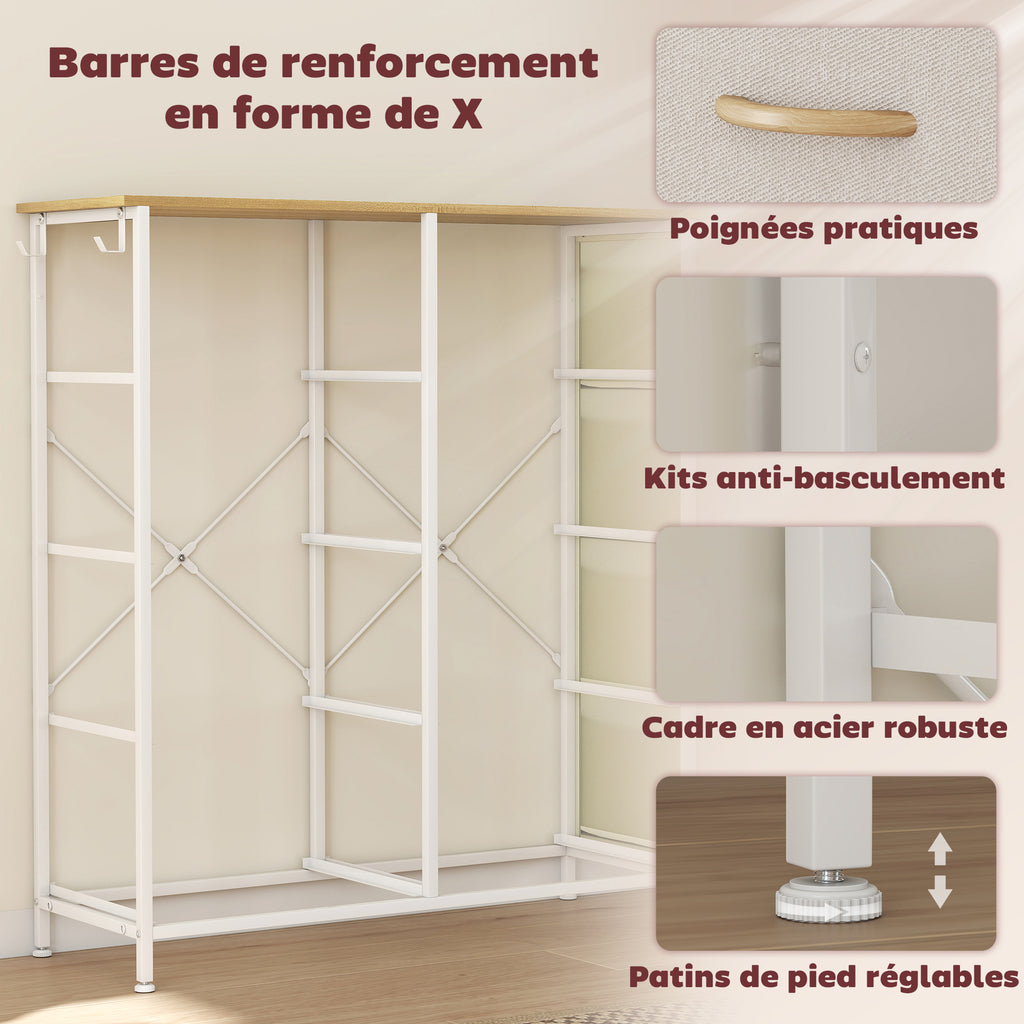 Commode 8 tiroirs en tissu, meuble de rangement avec 4 poches, 2 crochets, structure en acier, 86 x 30 x 94,5 cm, beige-5