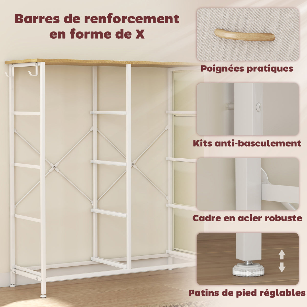 Commode 8 tiroirs en tissu, meuble de rangement avec 4 poches, 2 crochets, structure en acier, 86 x 30 x 94,5 cm, beige-5