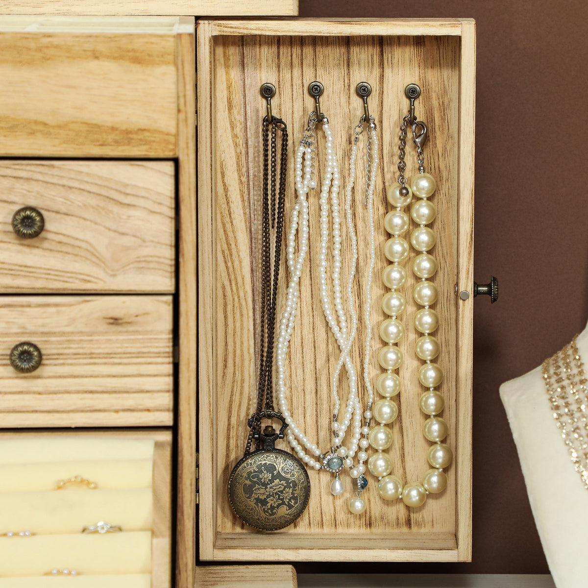 Boîte à bijoux femme à 4 niveaux, coffre à bijoux avec ailes, miroir et 2 tiroirs, 26,5 x 16 x 33,5 cm, marron-7
