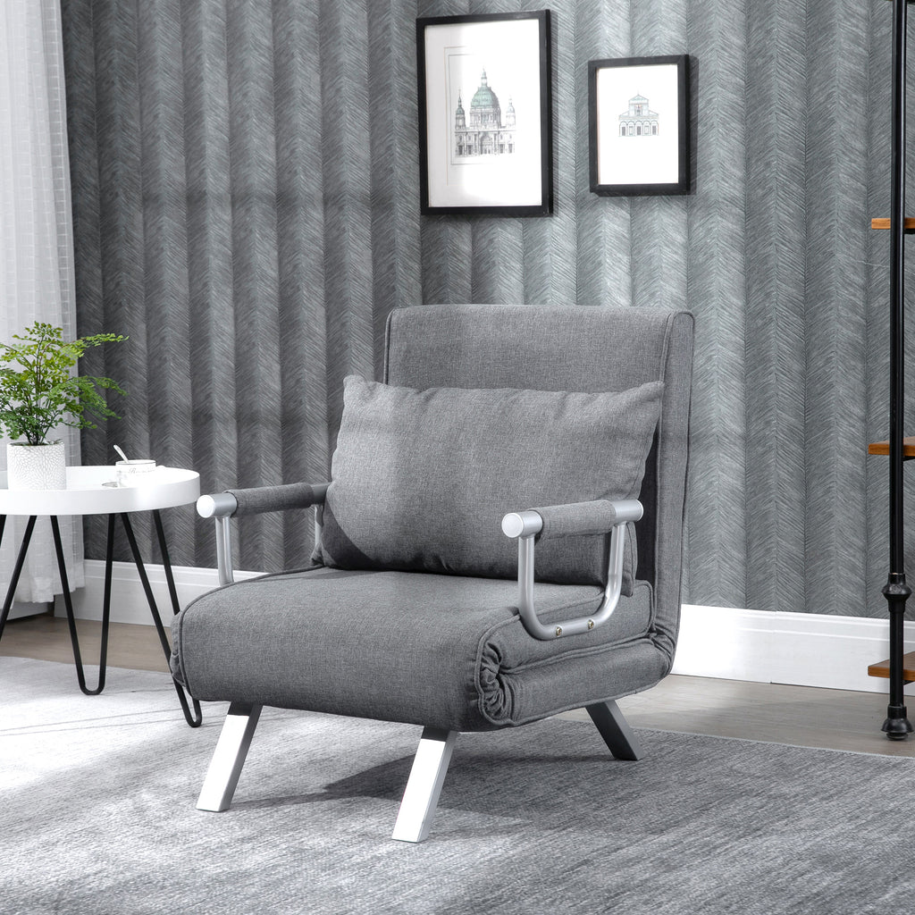Fauteuil chauffeuse canapé-lit Convertible 1 Place déhoussable Grand Confort Coussin Pieds accoudoirs métal Lin Gris Clair-1