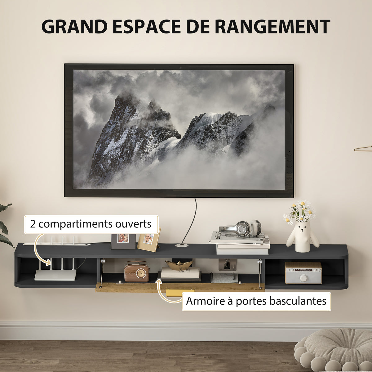 Meuble TV suspendu avec compartiments ouverts, porte rabattable et passe-câbles, 160 x 24 x 16 cm, gris-4