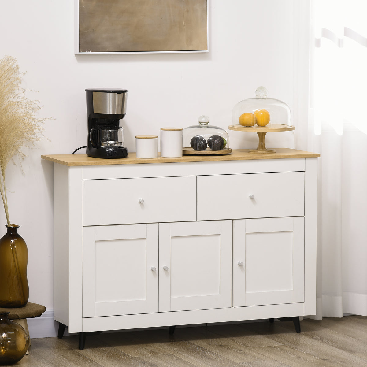 Buffet cuisine avec 2 tiroirs 3 portes et étagère réglable, pour cuisine, salle à manger, salon, 117 x 35 x 80 cm, blanc-1