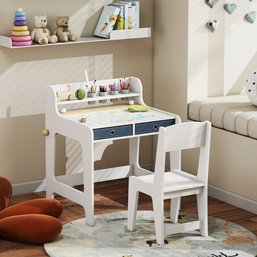 Bureau enfant avec chaise, table enfant et chaise avec 2 tiroirs en tissu et porte-gobelet, 62,8x55,6x73,8cm, blanc-9