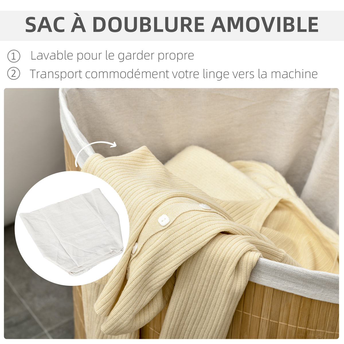 Panier à linge en bambou d'angle 55L avec couvercle et sac amovible 38 x 38 x 57 cm bois naturel-4