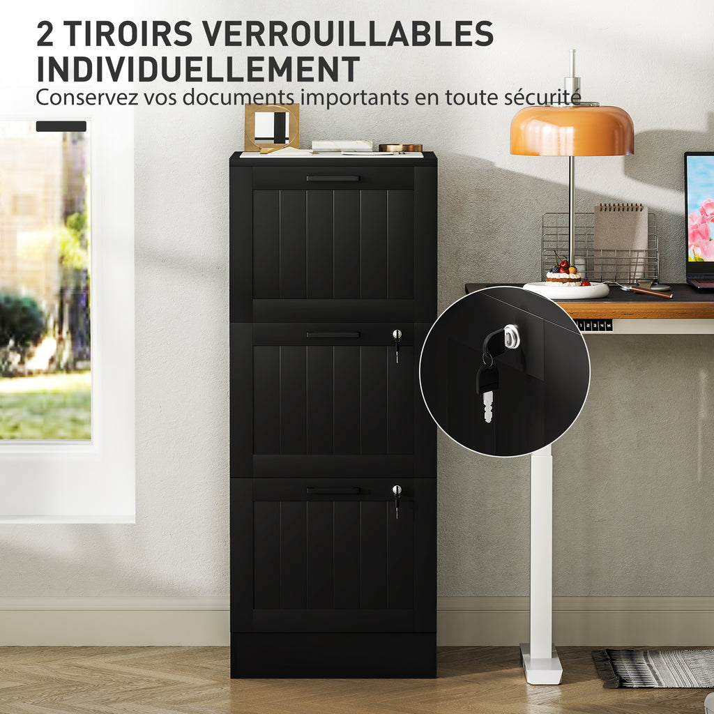 Caisson bureau, meuble rangement bois 3 tiroirs et serrure, barres de suspension réglables, 40 x 40 x 101 cm, noir-5