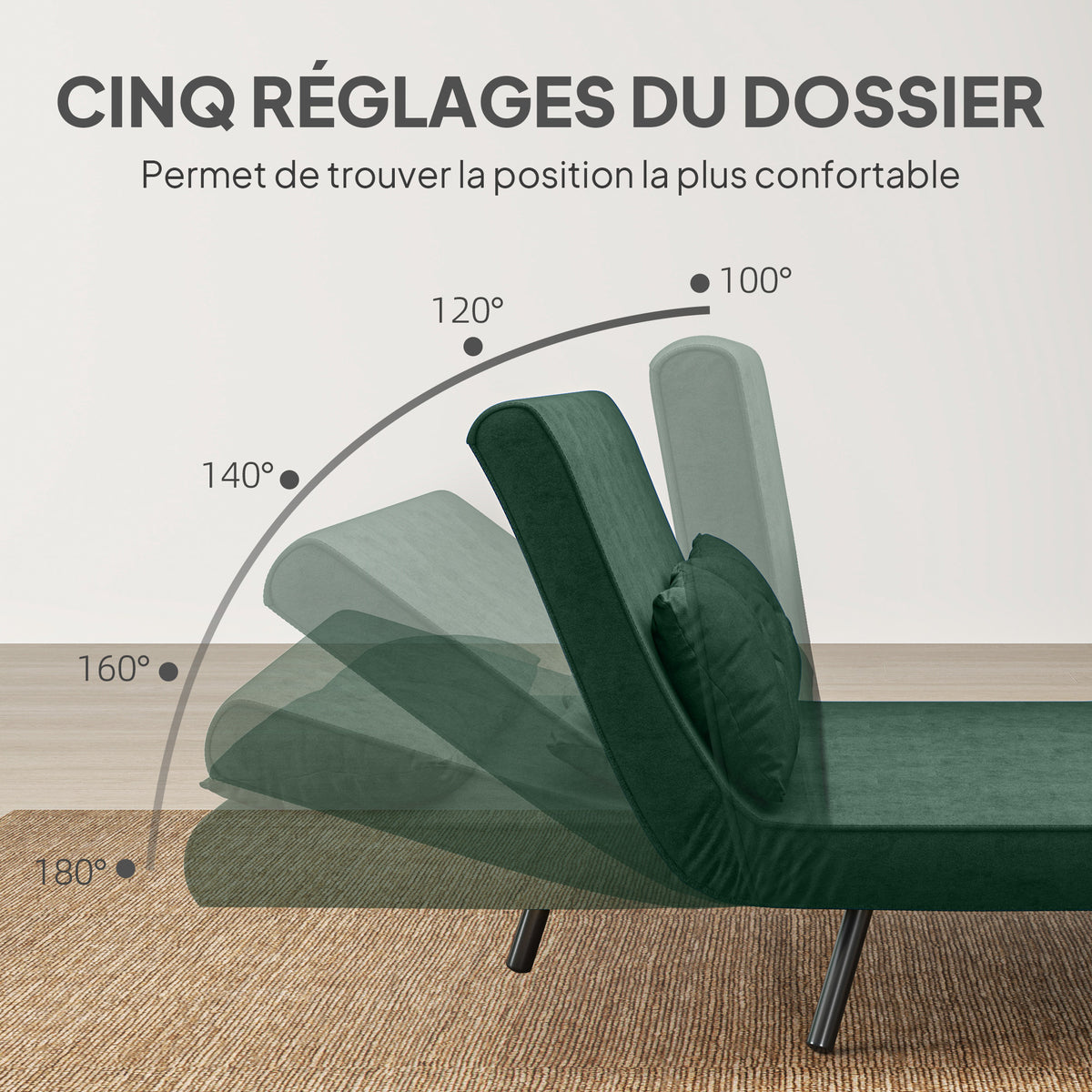 Canapé convertible 2 places 4 en 1, canapé-lit avec dossier réglable sur 5 niveaux, 2 coussins, 102 x 73 x 81 cm, vert-4
