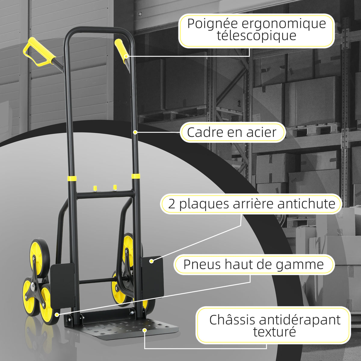Diable d'escalier pliable 120 kg 6 roues, diable demenagement en acier avec cordes télescopiques, 44x67x106,5cm, jaune-5