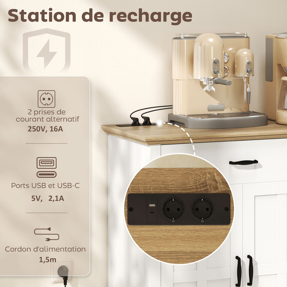 Buffet avec port USB et multiprise meuble TV avec 2 placards à portes de grange, 2 tiroirs et étagères réglables, blanc-3