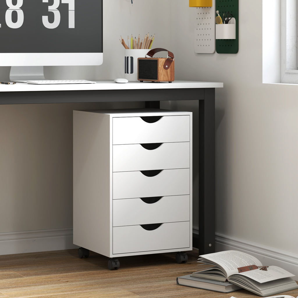 Caisson bureau mobile, meuble rangement sur roulettes avec 5 tiroirs, bois, 40 x 40 x 67 cm, blanc-1