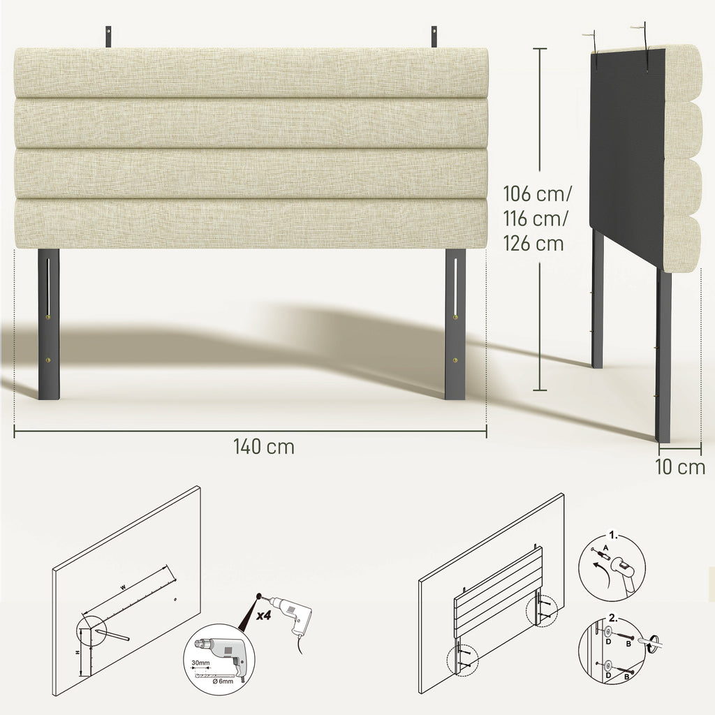 Tête de Lit Capitonnée, Hauteur Ajustable en 3 Niveaux avec Pieds en Métal pour Chambre, 140 x 10 x 106/116/126 cm Beige-2