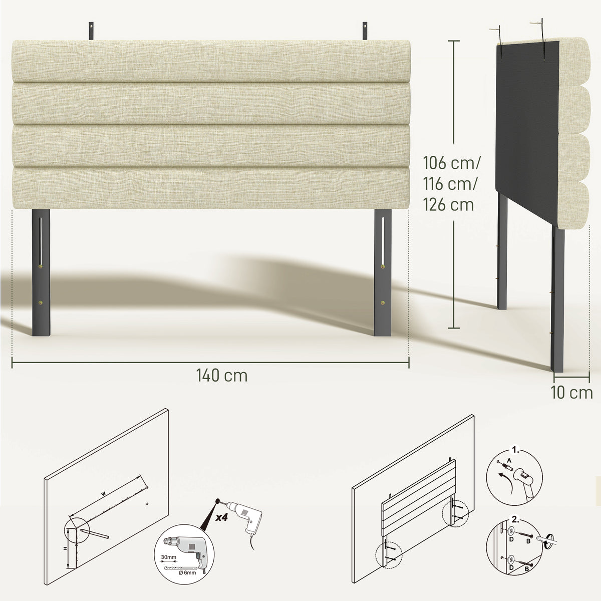 Tête de Lit Capitonnée, Hauteur Ajustable en 3 Niveaux avec Pieds en Métal pour Chambre, 140 x 10 x 106/116/126 cm Beige-2