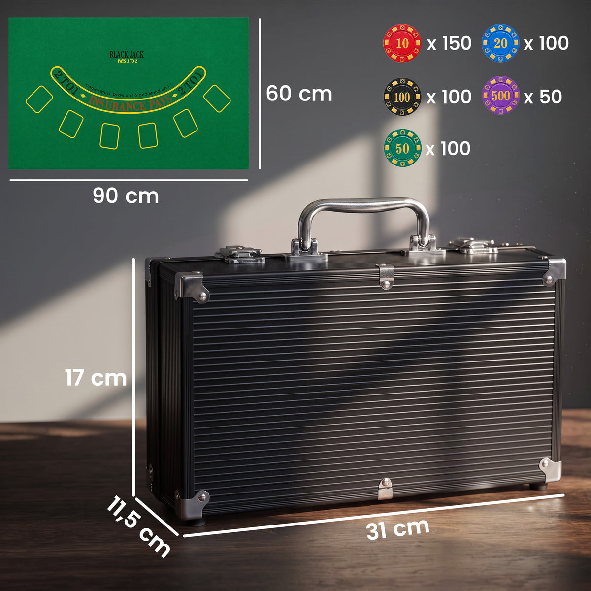 Mallette de Poker 500 Jetons 5 Valeurs, 2 Jeux de Cartes, Tapis de Jeu, Bouton Dealer, Blind, Alu, 31x17x11,5cm, Noir-2