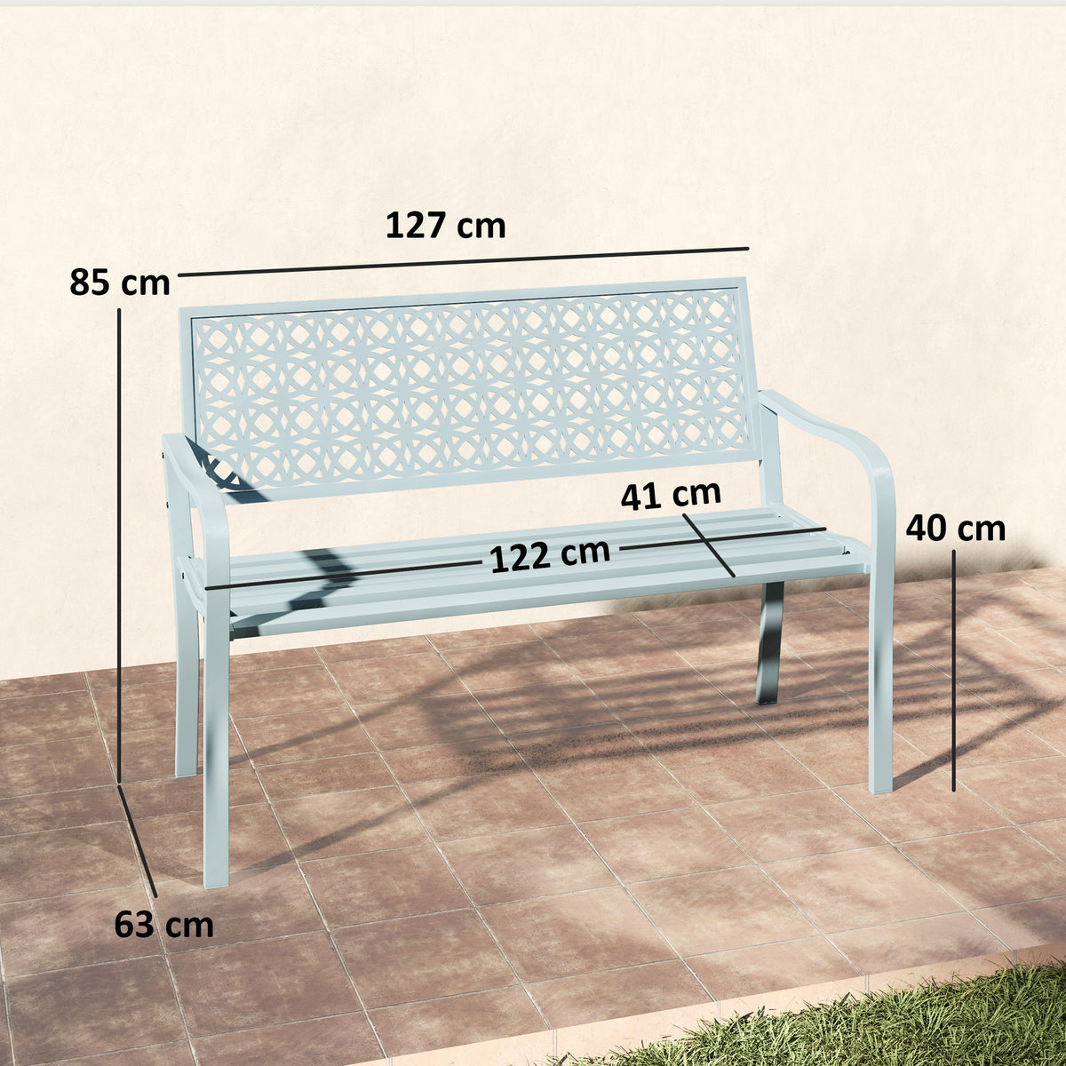 Banc de jardin 2 places, banc extérieur jardin en acier avec dossier ajouré, 127 x 63 x 85 cm, bleu-2