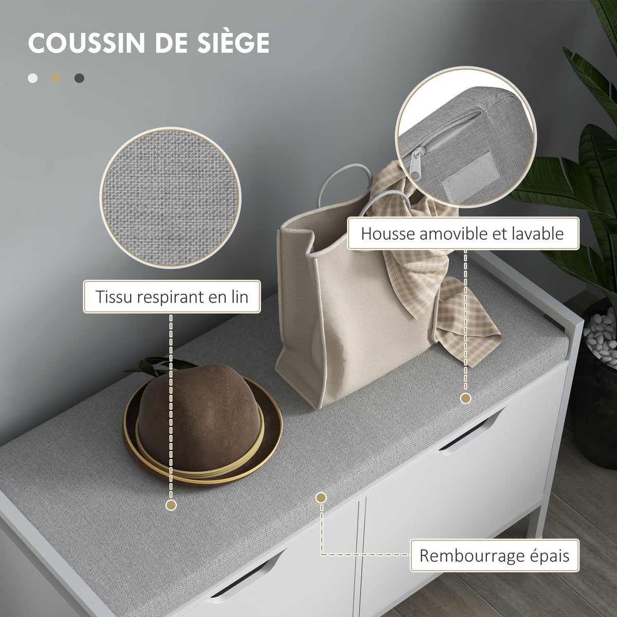 Banc meuble à chaussures, 2 placards, meuble d'entrée avec coussin rembourrée, 84l x 35P x 50H cm, blanc-4
