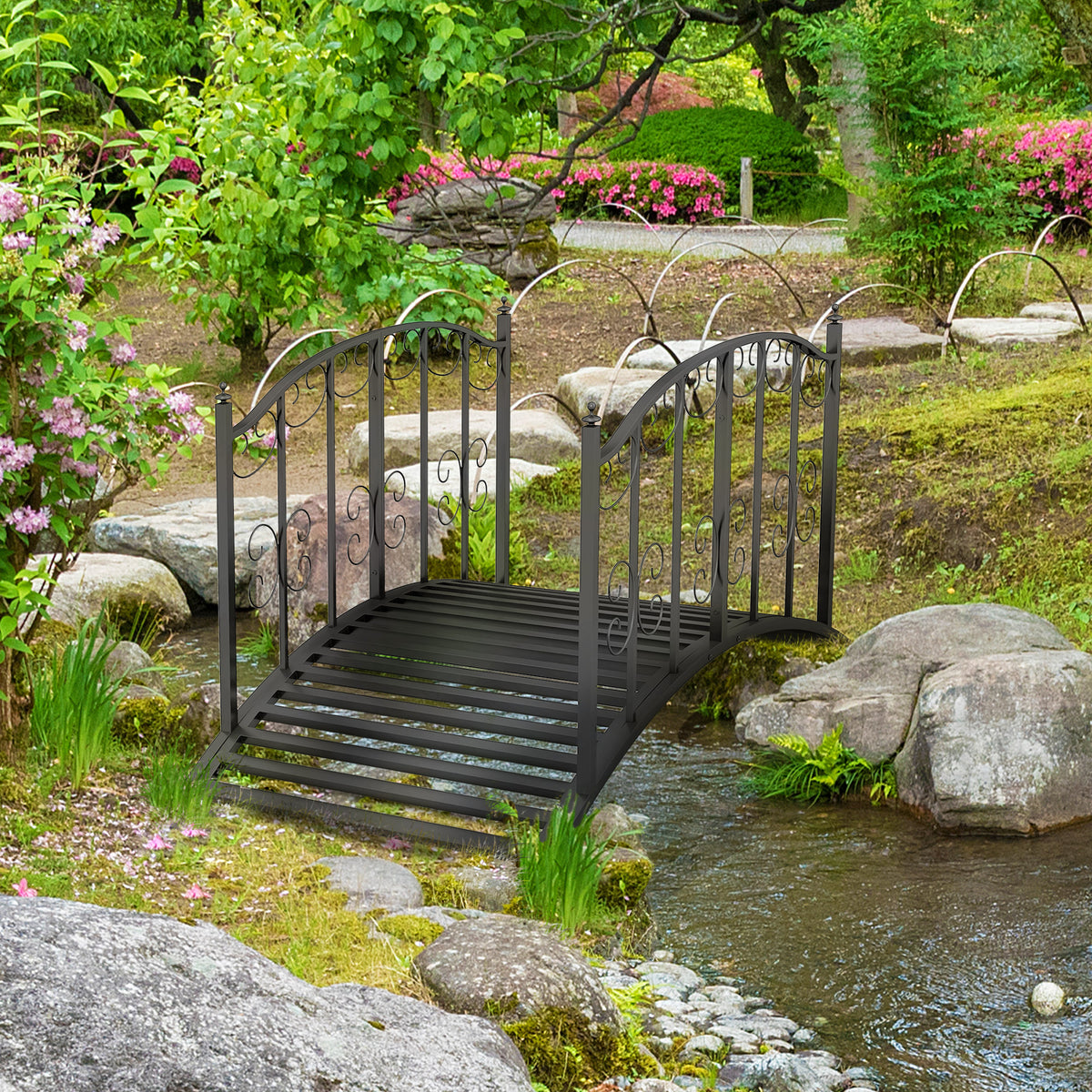 Pont de Jardin Pont en acier avec Garde-corps latéraux, Charge Maximale 120 KG, décoration Jardin, 119 x 67 x 70 cm noir-1