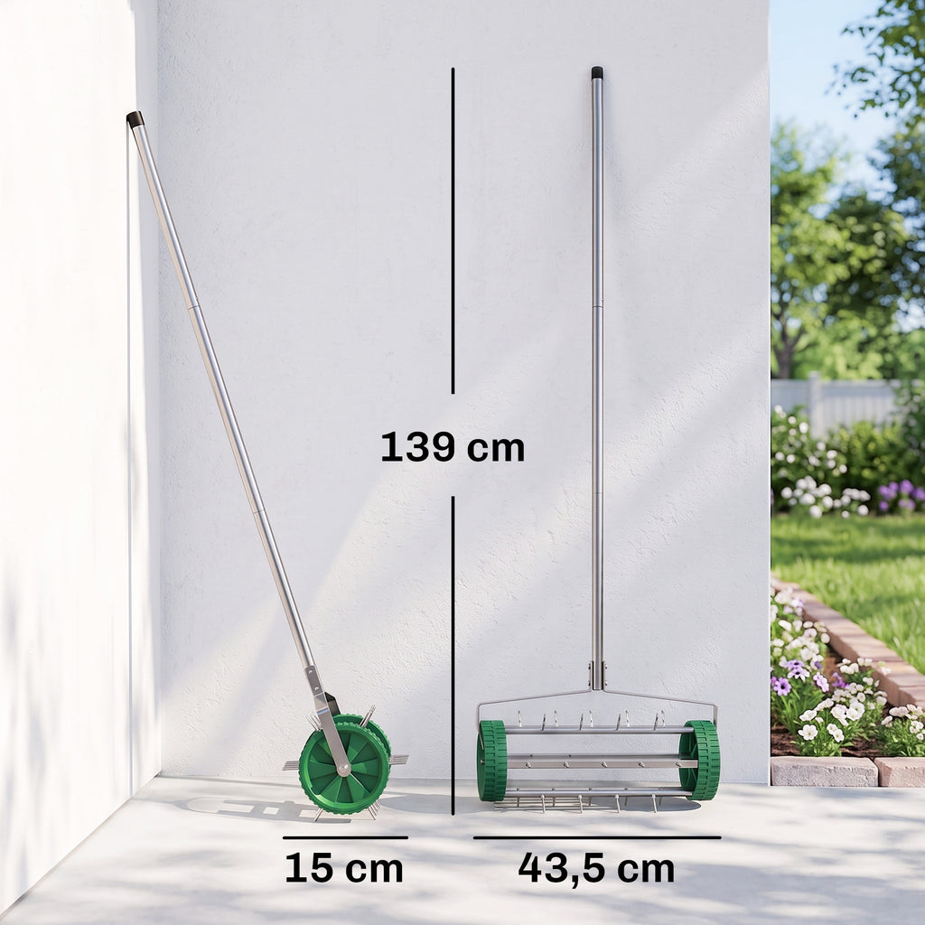 Rouleau aérateur pour pelouse avec manche réglable en 3 sections 139 x 43,5 x 15 cm Vert-2