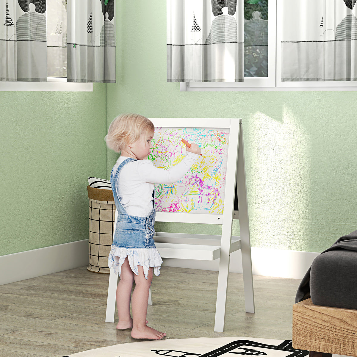 Tableau chevalet enfant 2 en 1 face ardoise magnétique et face tableau noir à craie blanc-1