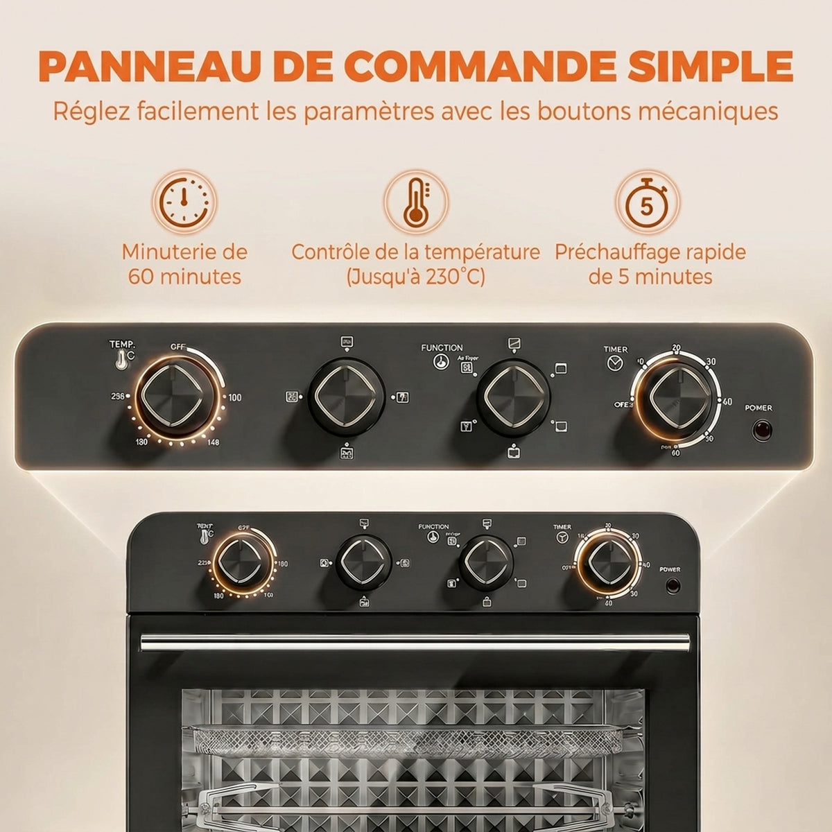 Friteuse à Air Chaud 36L, Four à Air Chaud 1800 W avec Rôtissoire, Plaque de Cuisson, Panier de Friture et Grille, Noir-6