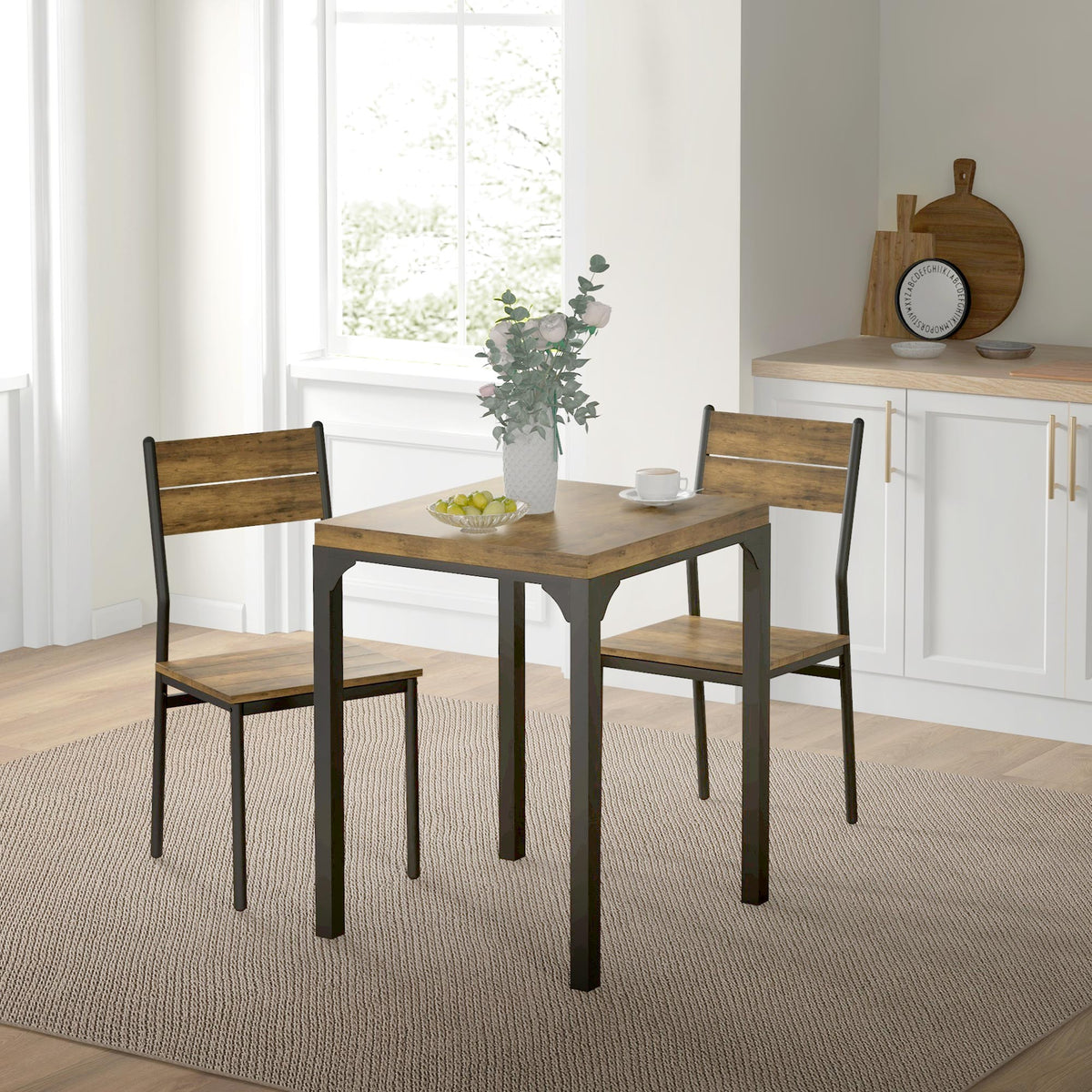 Ensemble table à manger avec 2 chaises encastrables, pour cuisine salon maison, rustique-9