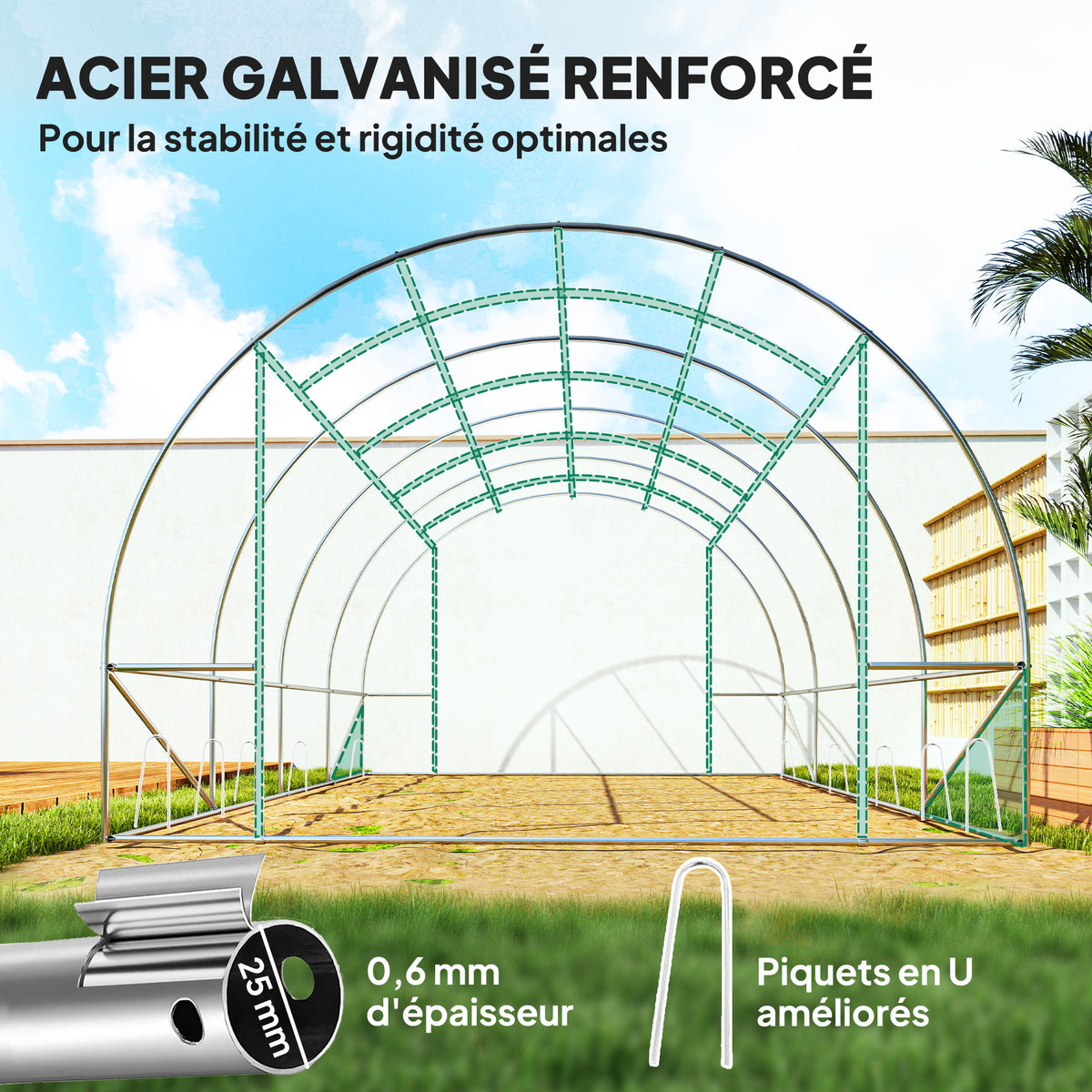 Serre tunnel de jardin 3 x 4 x 2 m avec porte enroulable et grandes fenêtres, en acier galvanisé et PE, vert-4