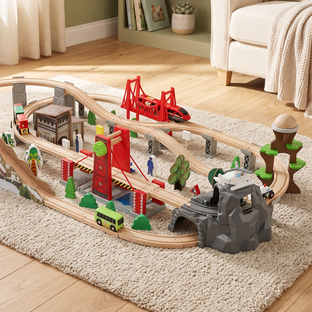 Set de Train en Bois pour Enfants, 100 Pièces, Jouets Ferroviaire Magnétique avec Grue, Pont, Hélicoptère, Multicolore-9