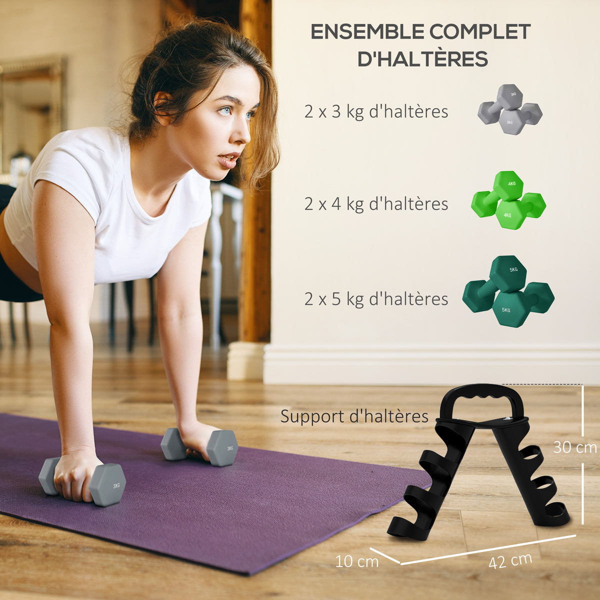 Lot d'haltères hexagonaux, haltères musculation, 2 x 3 kg, 2 x 4 kg, 2 x 5 kg, avec support convertible d'haltères-3