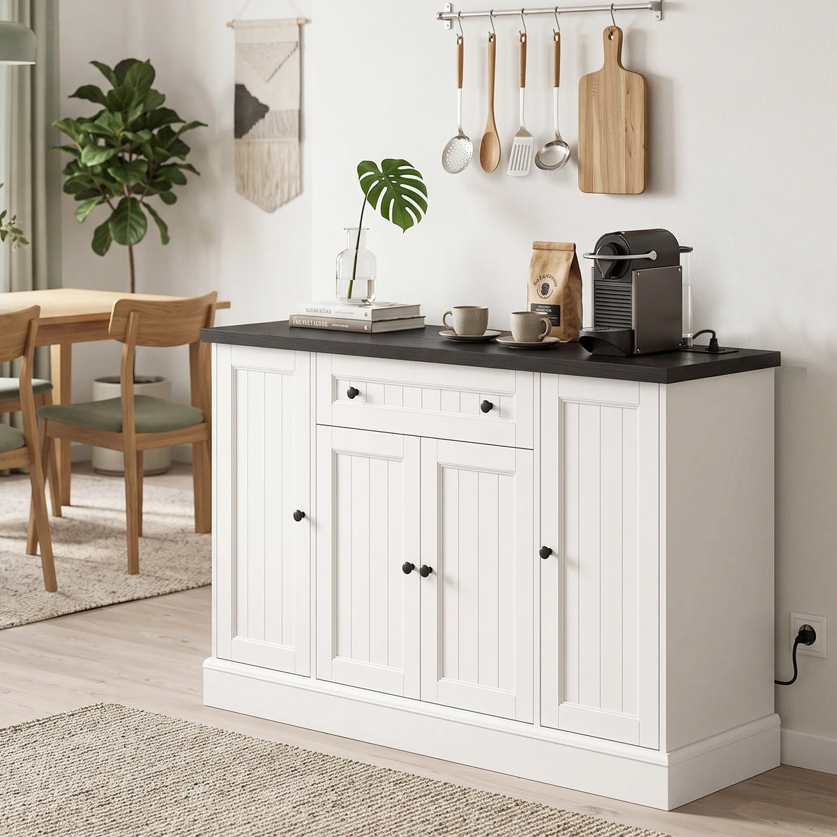 Buffet Salon avec Station de Charge, Meuble de Rangement avec 4 Portes, Tiroir, Étagères Réglables, Blanc et Noir-8
