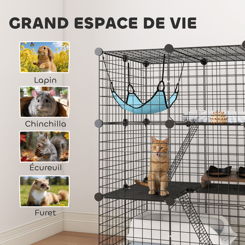 Cage Chat Intérieur Enclos Chat Modulable 3 Portes Hamac Échelle pour Petits Animaux de Compagnie 70x70x105cm Noir-6