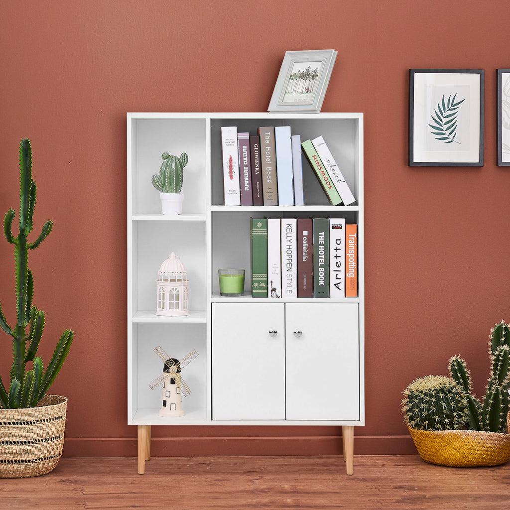 Bibliothèque scandinave meuble de rangement dim. 80L x 23,5l x 123H cm 5 niches placard 2 portes pieds effilés inclinés bois massif panneaux particules blanc-1