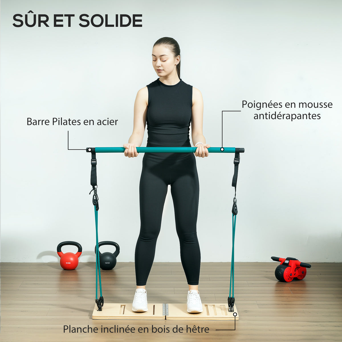 Ensemble de barre de pilates et de bandes de résistance avec planche inclinée réglable, équipement d'entraînement bleu-7