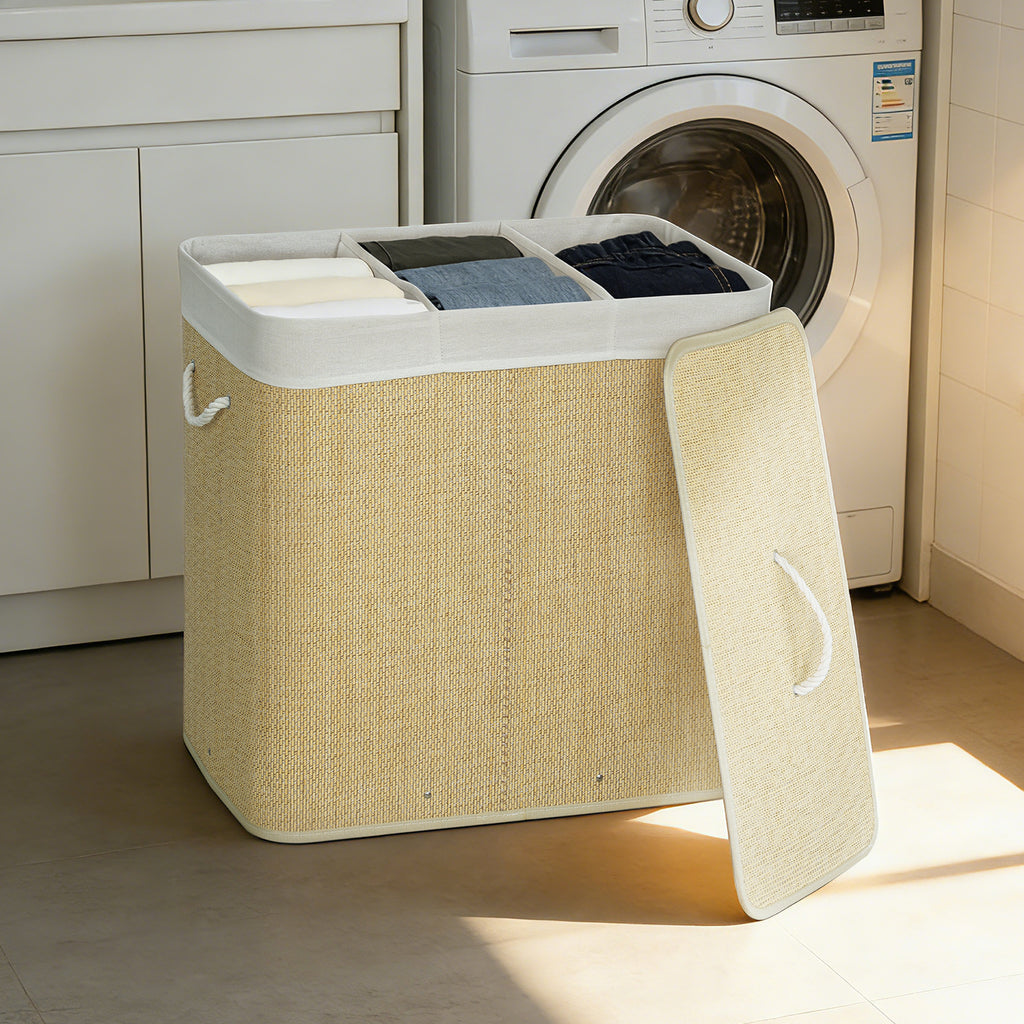 Panier à linge à trois compartiments avec couvercle, panier à linge en bambou 144 L avec poignées en corde-1